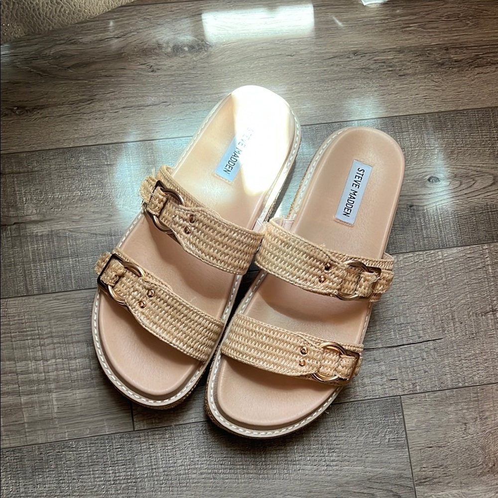 Steve Madden Beige Woven Double-Buckle Slide Sandals